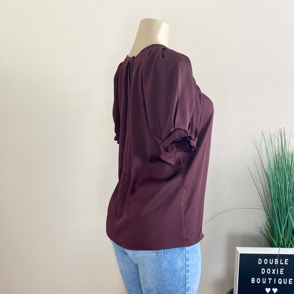 EXPRESS | Burgundy Satin Pleated Sleeve Blouse Sz S - Picture 9 of 12
